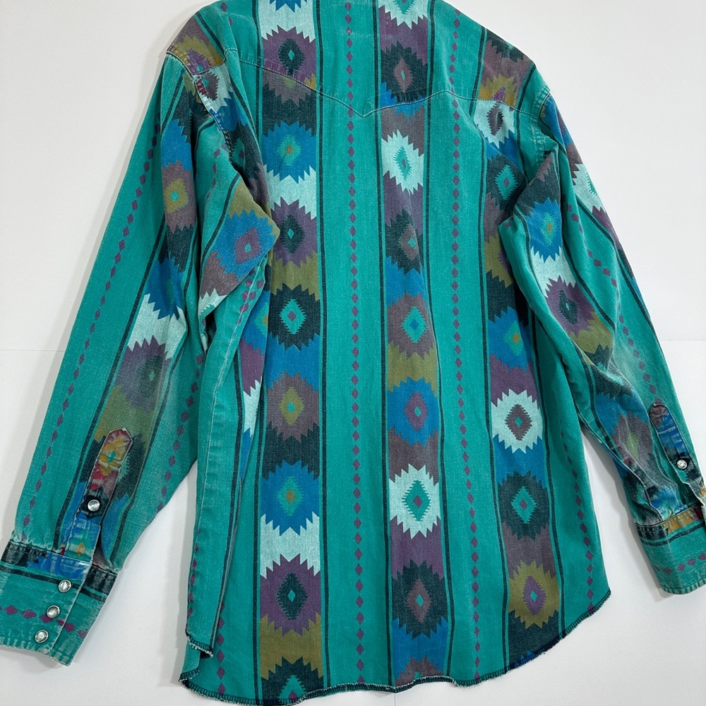 Vintage Wrangler Brushpopper Pearl Snap Shirt 16.5/35 Striped Aztec 90s USA RARE - Picture 10 of 12